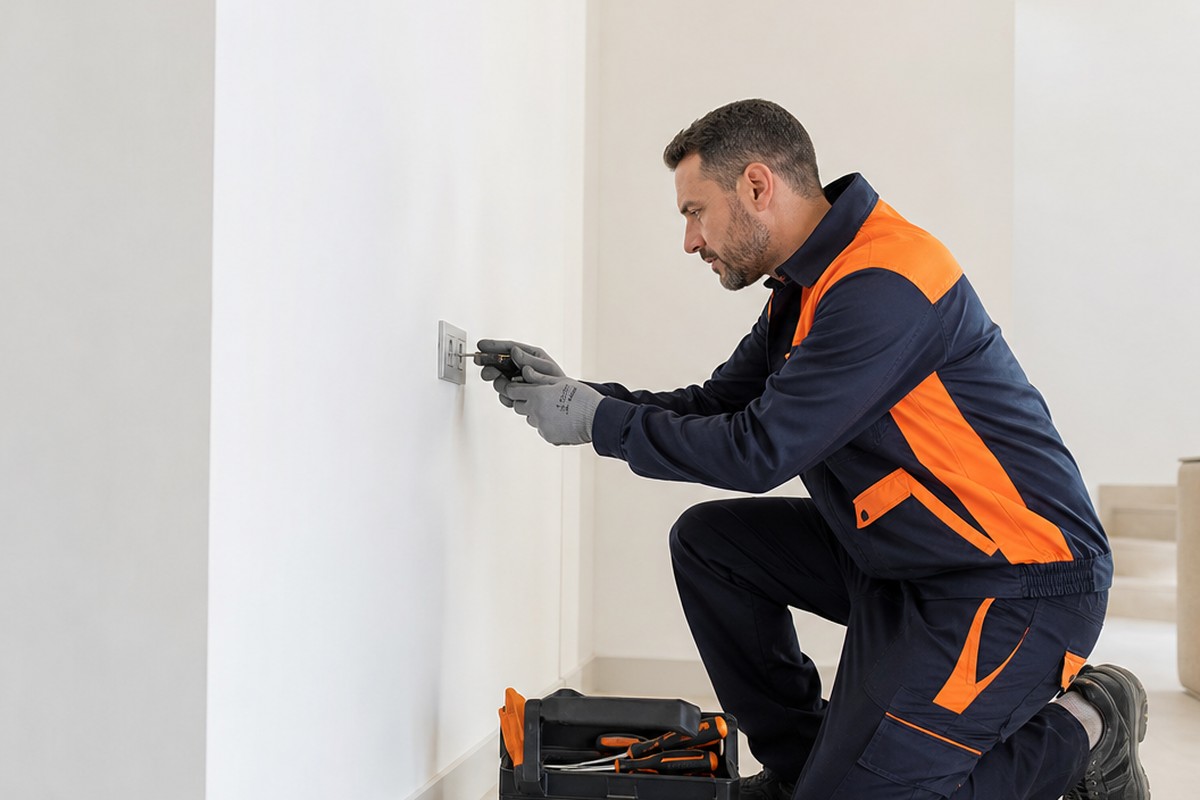 Técnico profesional reparando un enchufe en una vivienda