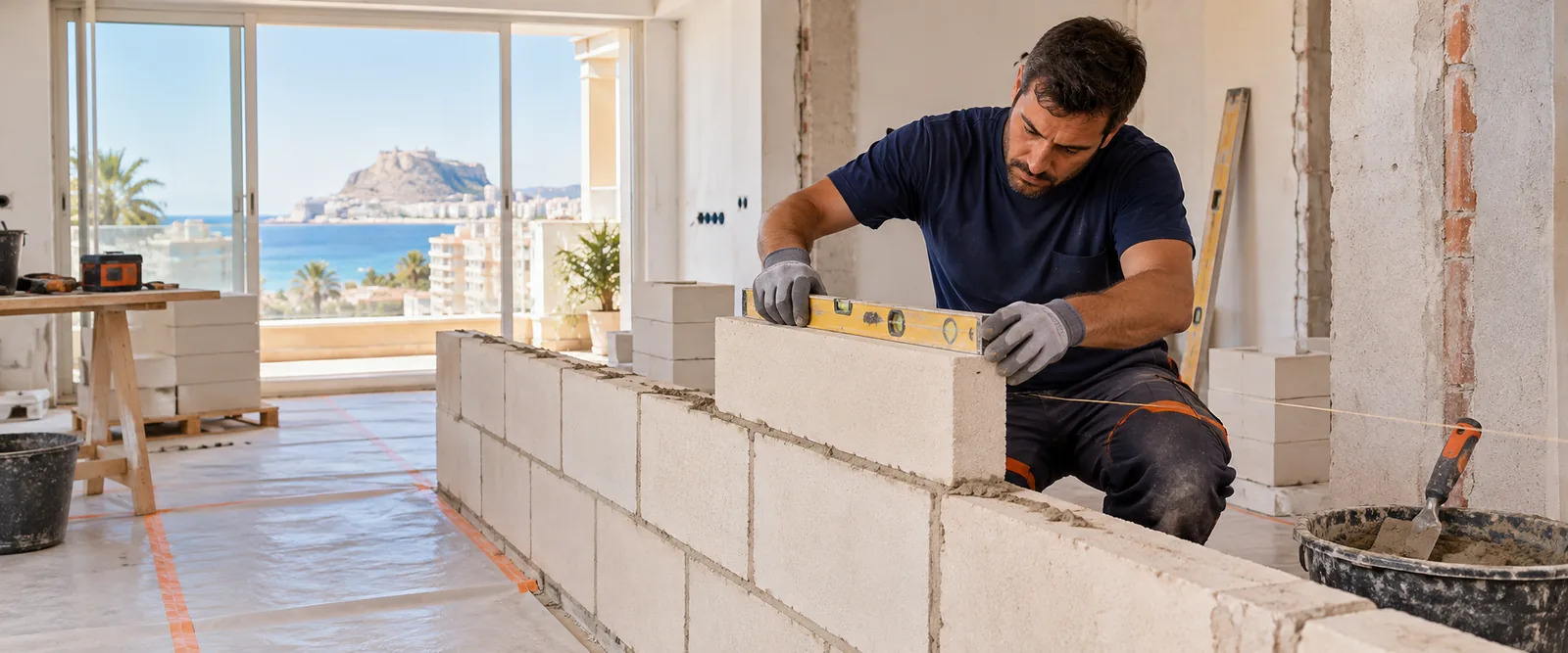 Albañil comprobando un tabique durante una reforma en Alicante