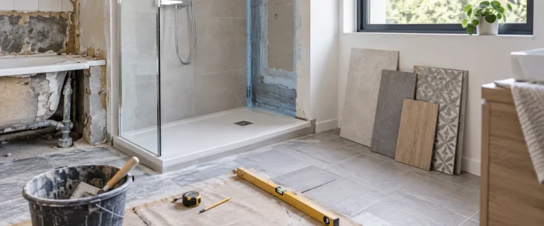 Baño en reforma con plato de ducha, mampara, azulejos y herramientas