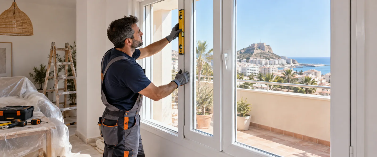 Carpintería de PVC en Alicante Instalador comprobando una ventana de PVC en una vivienda de Alicante