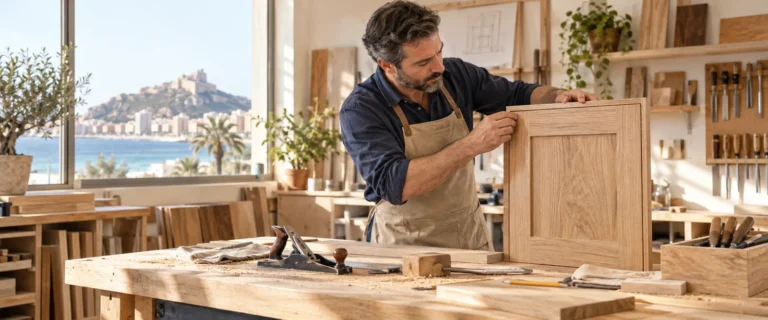 Carpintero trabajando una pieza de madera a medida en taller