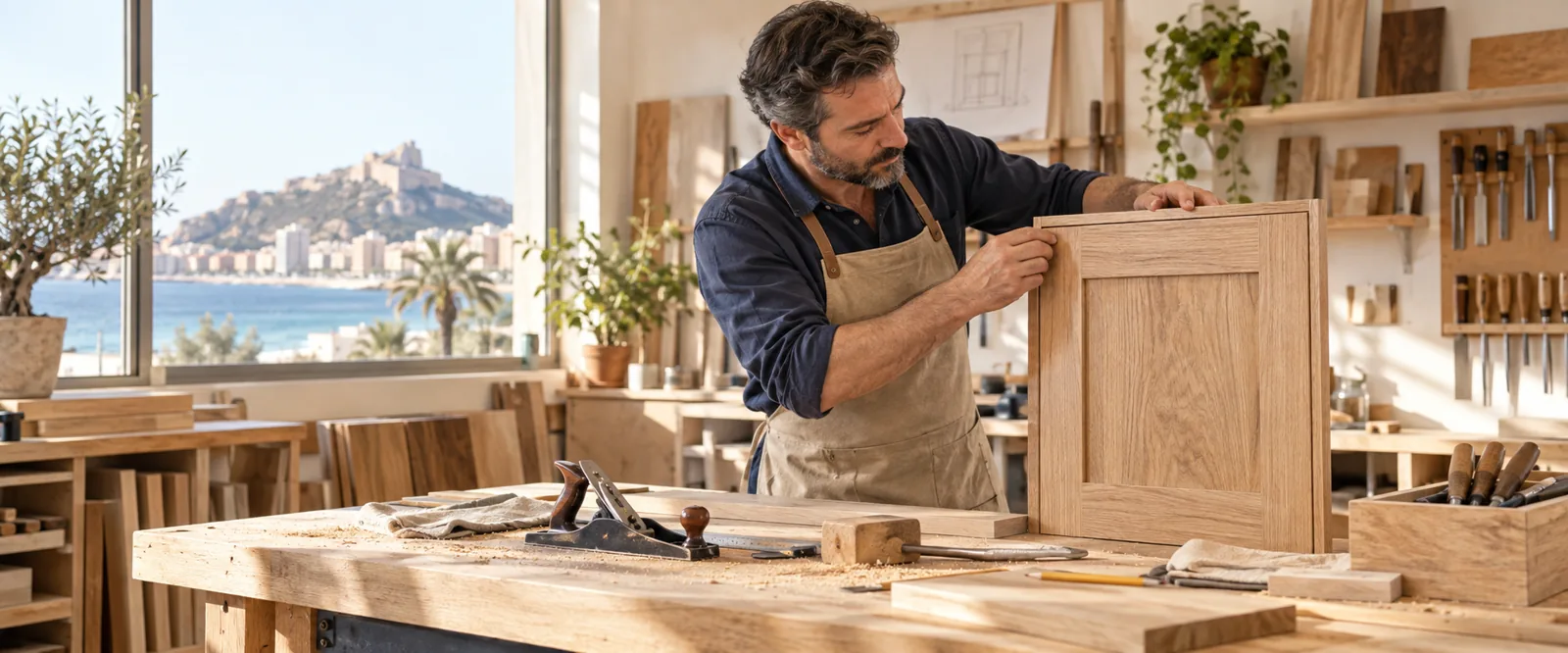 Carpintero trabajando una pieza de madera a medida en taller