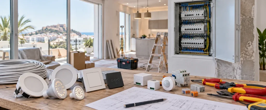 Material eléctrico, iluminación LED y cuadro eléctrico durante una reforma de vivienda