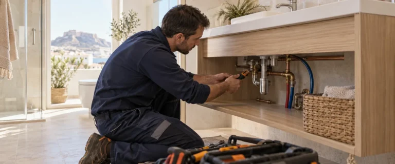 Fontanero trabajando en una instalación de baño durante una reforma