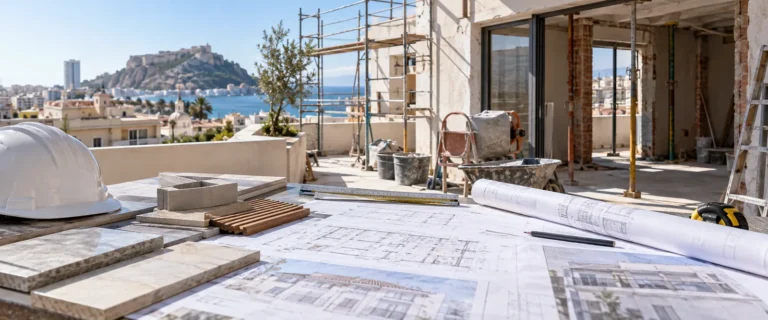 Terraza en reforma con andamio, planos, casco y materiales de obra