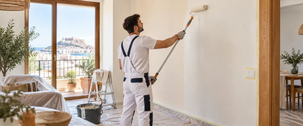 Pintor preparando una pared interior antes de pintar