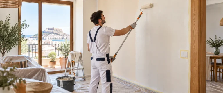 Pintor preparando una pared interior antes de pintar