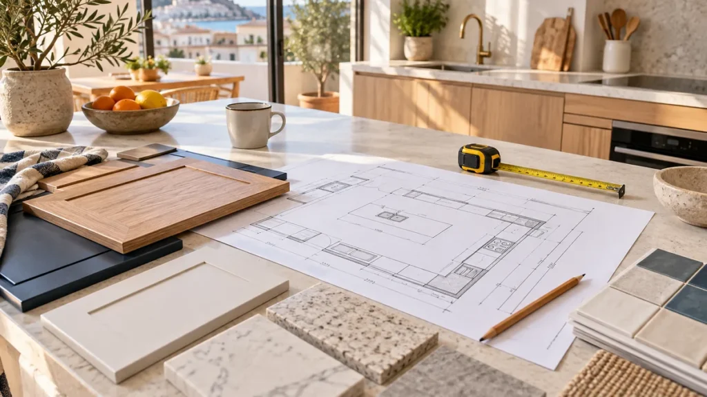Plano de cocina con muestras de encimera, azulejos y acabados de muebles
