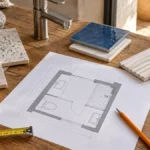 Plano de baño con muestras de azulejos, grifería y cinta métrica