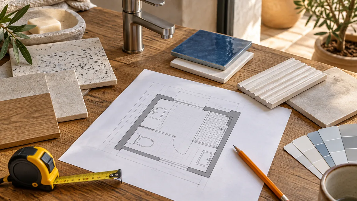 Plano de baño con muestras de azulejos, grifería y cinta métrica