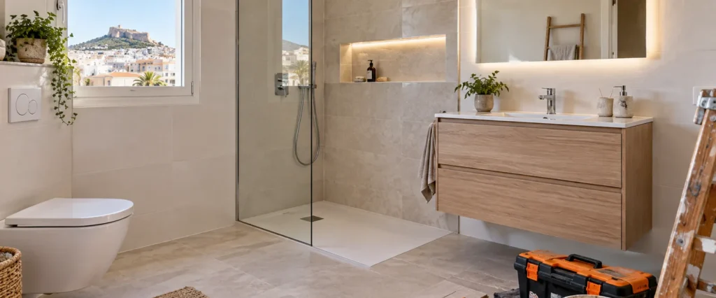 Baño reformado con ducha, mueble suspendido y herramientas de reforma