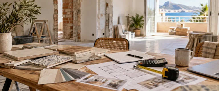 Mesa con muestras de materiales, planos y calculadora en una vivienda en reforma