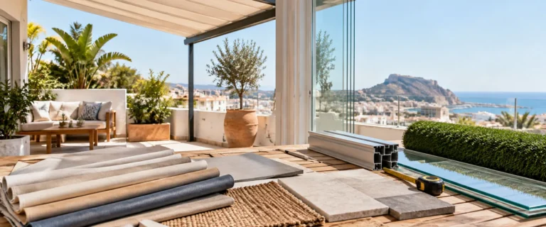 Terraza mediterránea con muestras de toldos, perfiles de vidrio y césped artificial